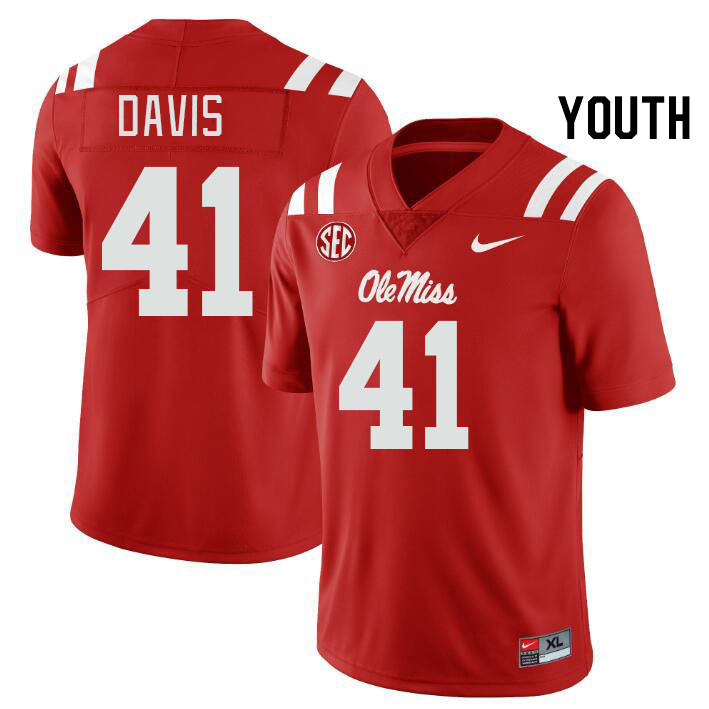 Youth #41 Caden Davis Ole Miss Rebels College Football Jerseys Stitched Sale-Red